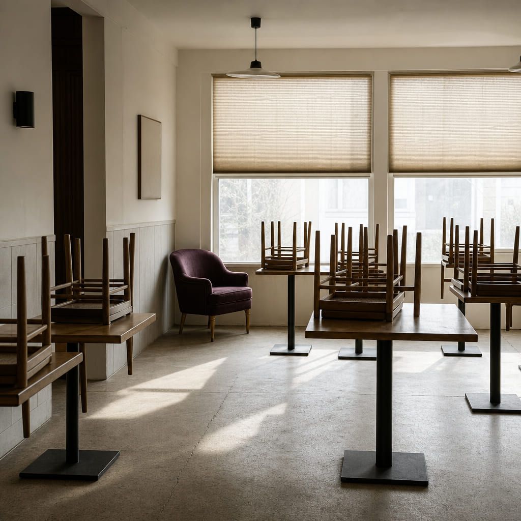 Stühle umgedreht auf blanken Tischen in einem geschlossenen Restaurant