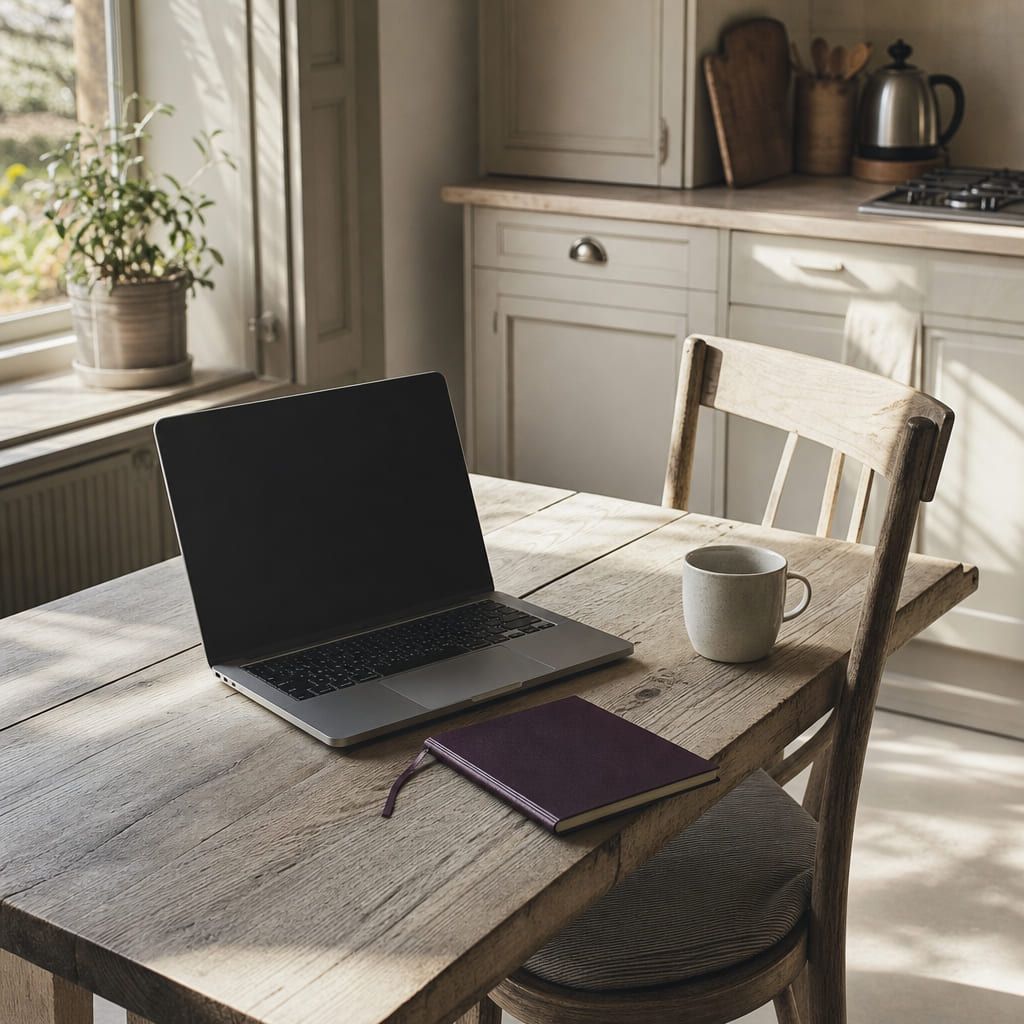Küchentisch als Arbeitsplatz mit einem Laptop mit dunklem Bildschirm