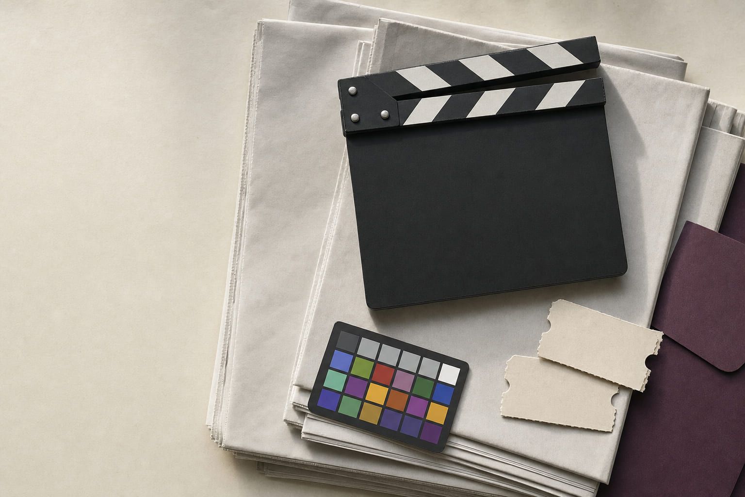 Stapel unbedruckter Zeitungen mit einer leeren Filmklappe, einer Farbtafel, zwei blanken Kinokarten und einer dunkelvioletten Mappe