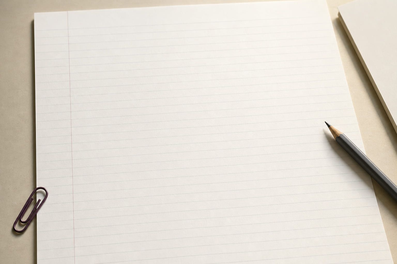 Unbeschriebenes liniertes Registerblatt auf einem Schreibtisch, daneben ein Bleistift und eine Büroklammer