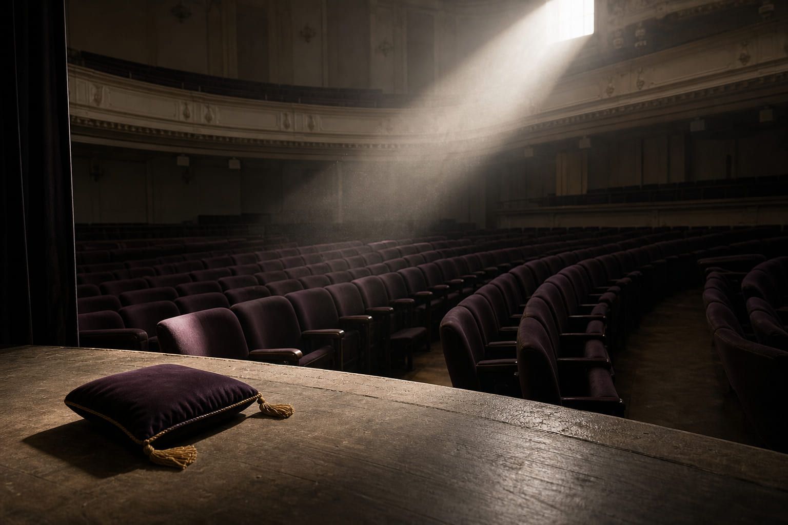 Leerer Theatersaal von der Bühne aus gesehen, ein Lichtstrahl fällt über die Sitzreihen